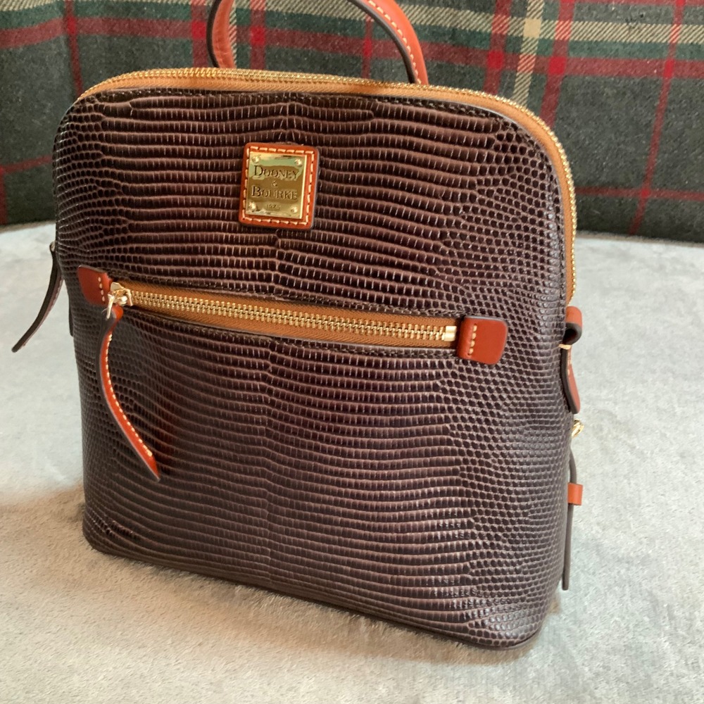 Dooney & Bourke Espresso Lizard Embossed Leather Backpack Brown Tan Trim